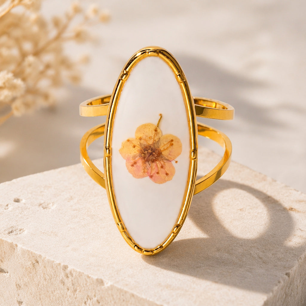 Pressed Flower Oval Open Ring