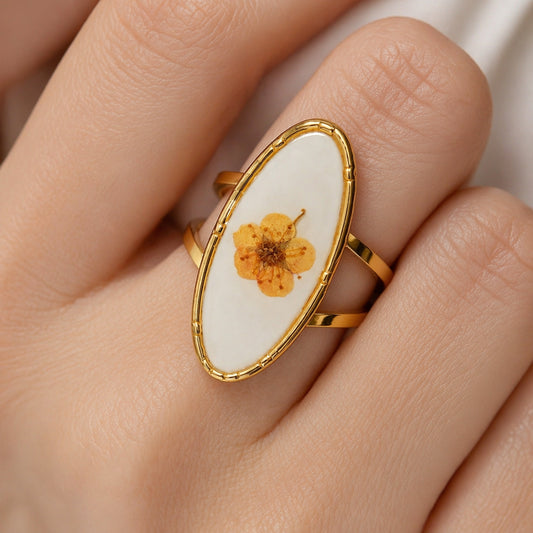 Pressed Flower Oval Open Ring