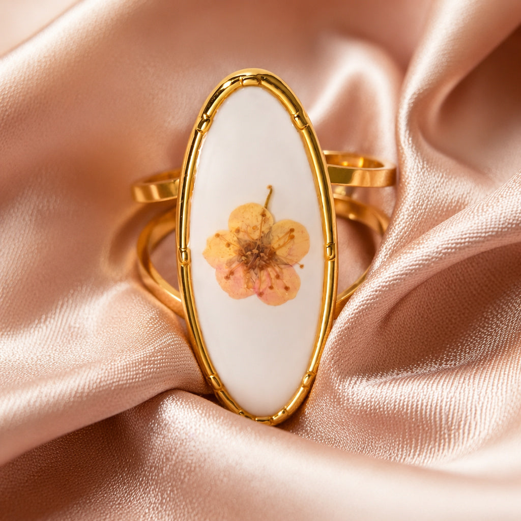 Pressed Flower Oval Open Ring