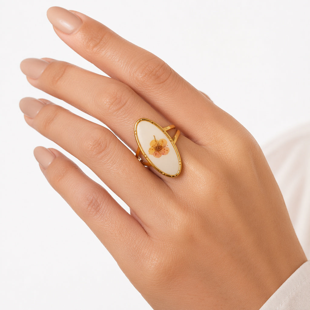 Pressed Flower Oval Open Ring