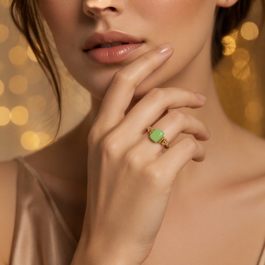 Green Stone Flower Open Ring
