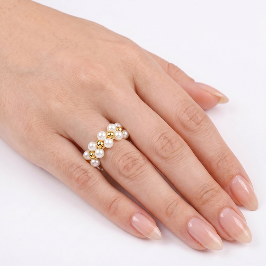 Pearl Flower Rubber Band Open Ring
